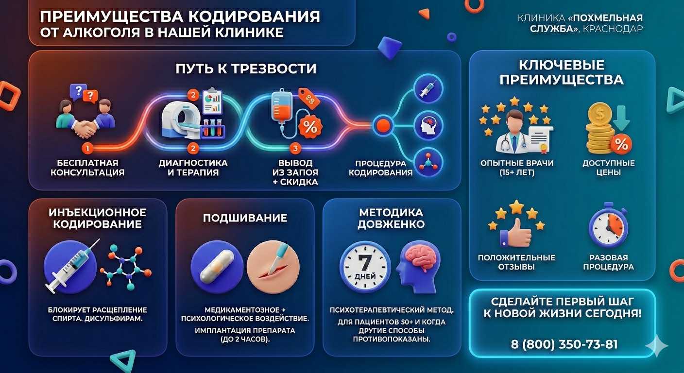 Инфографика о методах кодирования от алкоголя в Киреевске: инъекции, подшивание, метод Довженко. Преимущества клиники и этапы лечения.