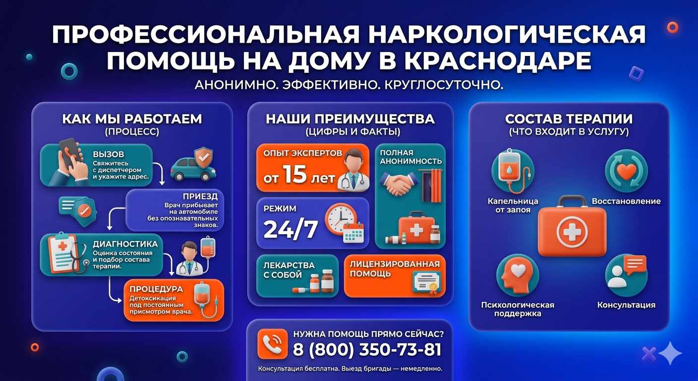 Инфографика о принципах лечения алкоголизма на дому в Киреевске: этапы вызова нарколога, преимущества анонимной детоксикации и состав медицинской помощи.